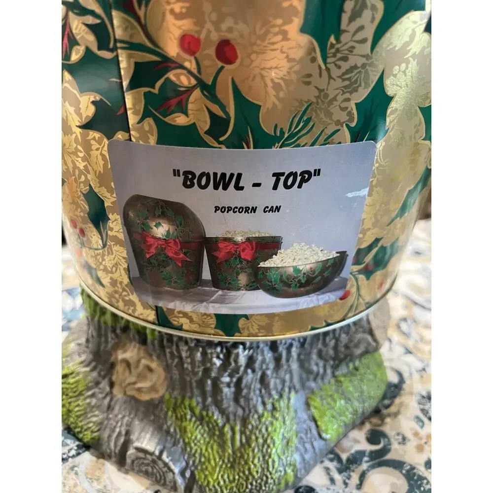 Vintage Christmas Bowl Top Popcorn Tin Holly Berry Gold Serving Bowl Canister